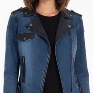 Exquisite Blue Women's Jean and Black suede Jacket. Matching pants listed.